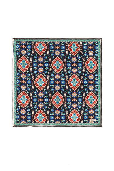 Bursa İpek Navy Blue Red Tile Tulip Pattern Silk Handkerchief