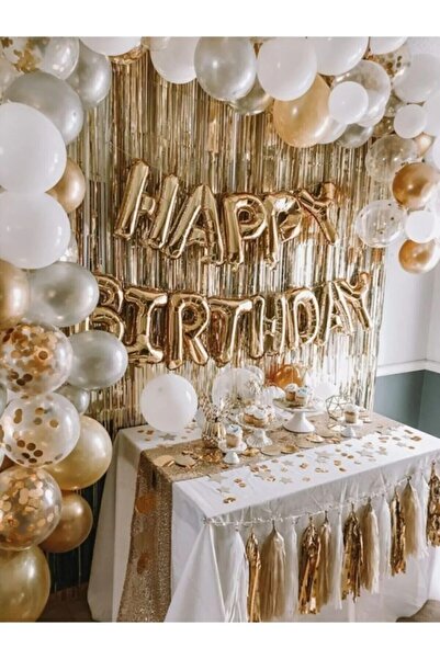 Bkmc Rosegold Happy Bırthday Full Set Gold Beyaz Gri Metalik Balon Zincir Gol...