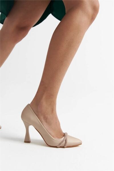 Anıl Ayakkabı Afra Pantofi de rochie de seara din satin lucios din piele de dama cu piatra curbata 9 Cm