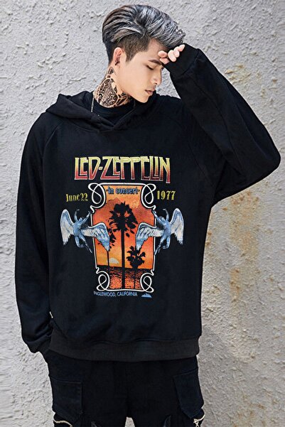 Freak Tshirt Siyah Renk Led Zeppelin Baskılı Unisex Geniş Kalıp Içi Polar Kap...