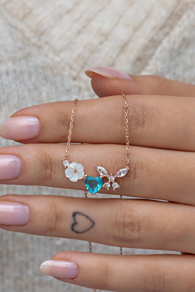 Nereze 925 Ayar Gümüş Manolya Çiçeği Aquamarin Taşlı Kalp Yusufcuk Kolye