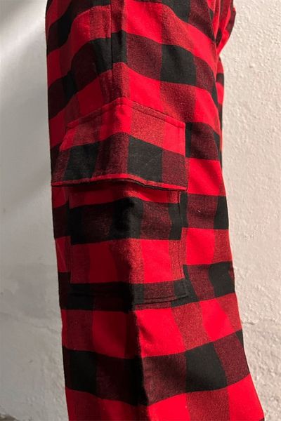 Gofeel Y2k Unisex Red Black Cargo Pocket Detailed Plaid Pants with Elastic Waist