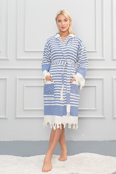 Dokubba Μπουρνούζι με πετσέτα εσωτερικά και πεστεμάλ εξωτερικά, κατάλληλο για χρήση από άτομα χωρίς ορισμό φύλου - Βαμβακερό ύφασμα, μπλε