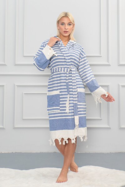 Dokubba Μπουρνούζι με πετσέτα εσωτερικά και πεστεμάλ εξωτερικά, κατάλληλο για χρήση από άτομα χωρίς ορισμό φύλου - Βαμβακερό ύφασμα, μπλε