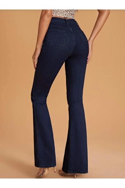 MAKRAS EXCLUSIVE Lucy Kadın Koyu Mavi Yüksek Bel Comfort Likralı Flare Kot Pantolon Jeans