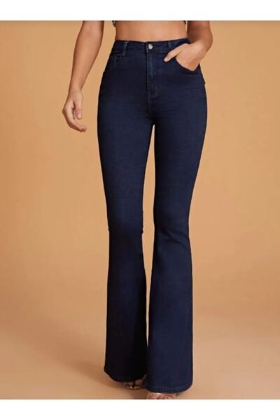 MAKRAS EXCLUSIVE Lucy Kadın Koyu Mavi Yüksek Bel Comfort Likralı Flare Kot Pantolon Jeans