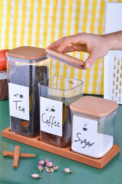Sezka Life 3 Sizes Wooden Vacuum Lid with Stand Tea Sugar Salt Storage Container Organizer with Label