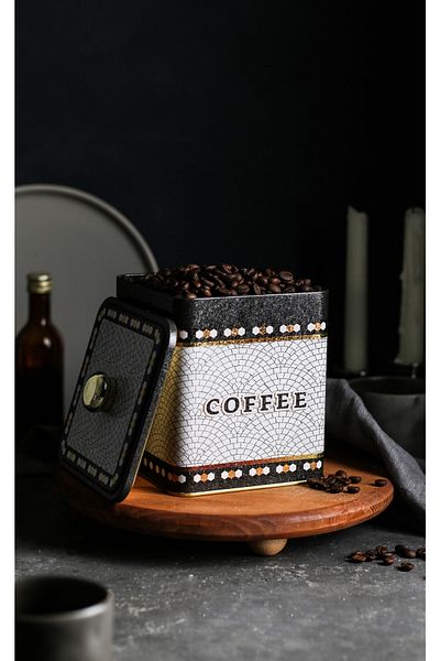 EVLE Er023-7d Mosaic Coffee Patterned Square Metal Storage Container 12x12 Cm
