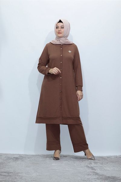 Zey&Ka Butik Large Size World Viscon Ribbed Buttoned Tunic Trousers Double Set