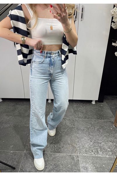 Trn JNS Woody Light Blue Snow Wash Palazzo Power Lycra Pantaloni de damă cu talie înaltă, picior largi, blugi largi