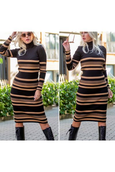 merlavin Women's Brown Black, High-Rise Stripe Pattern Knitwear Dress