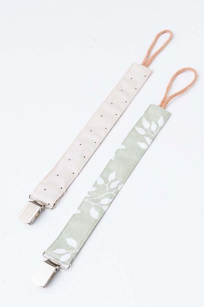 MyVera Mink Polka Dot - Green Leaf Pacifier Strap Set - Pacifier Chain Set of 2 - 100% Cotton Fabric