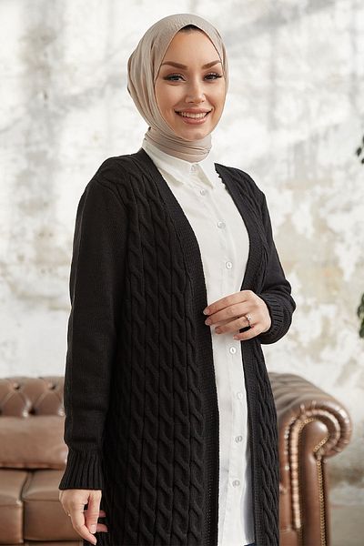 InStyle Jolie Knitted Patterned Knitwear Long Cardigan - Black