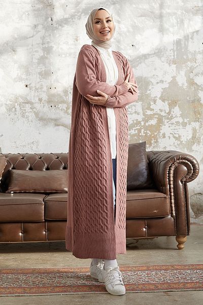 InStyle Jolie Knitted Patterned Knitwear Long Cardigan - Dusty Rose