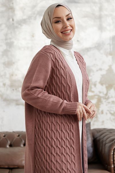 InStyle Jolie Knitted Patterned Knitwear Long Cardigan - Dusty Rose
