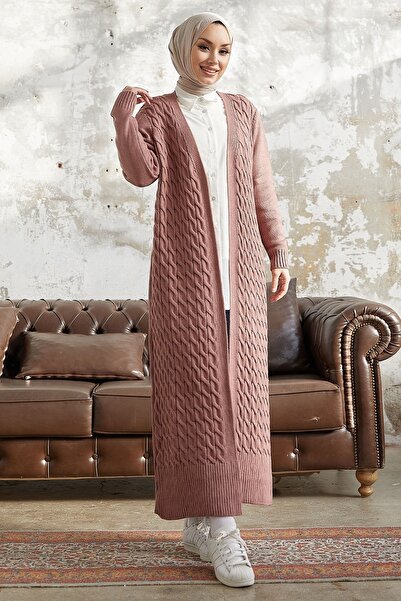InStyle Jolie Knitted Patterned Knitwear Long Cardigan - Dusty Rose