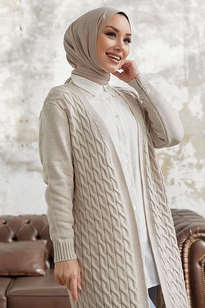 InStyle Jolie Knitted Patterned Knitwear Long Cardigan - Beige