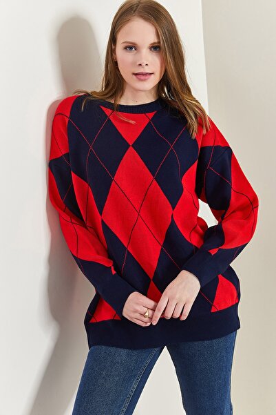 Bianco Lucci Women's Diamond Patterned Oversize Sweater