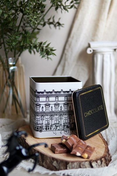 EVLE Er024-1j City Chocolate Patterned Square Metal Storage Container 12x12 Cm
