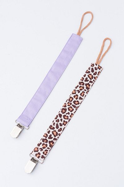 MyVera Lilac - Leopard Pacifier Strap Set - Pacifier Chain Set of 2 - 100% Cotton Fabric