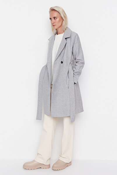 Trendyol Collection Šedý vlněný kabát s širokým páskem TWOAW21KB0116