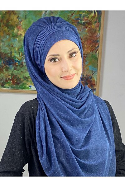 BUTİKAMBAR Saray Model Lacivert Simli Yan Drapeli Şal