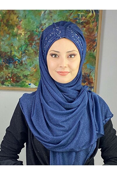 BUTİKAMBAR Sultan Model Lacivert Simli Şifon Büzgülü Şal