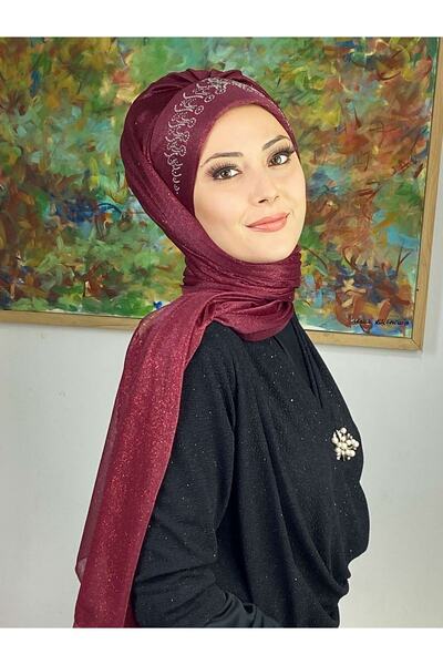 BUTİKAMBAR Prenses Model Bordo Simli Şifon Büzgülü Şal