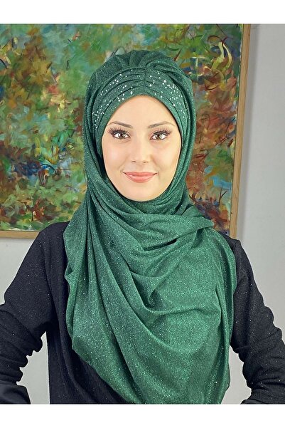 BUTİKAMBAR Sultan Model Yakut Yeşili Simli Şifon Büzgülü Şal