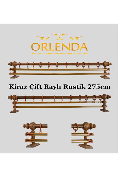 Orlenda Cherry Wood Headed Aluminum Pipe Rustic Curtain Hanger Double Rail 275 Cm