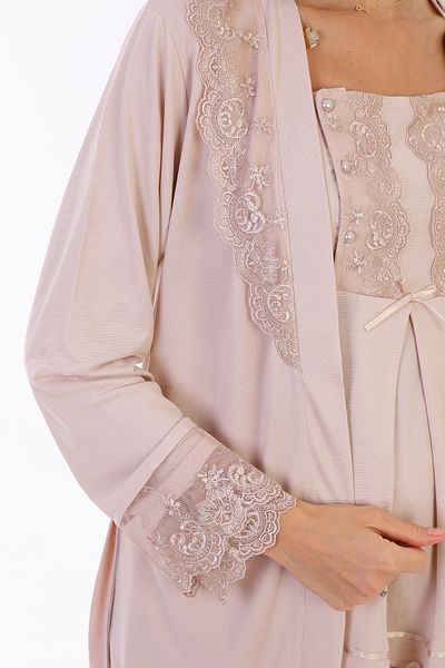 lohusahamile Beige Breastfeeding Featured Maternity Pajamas Set with Dressing Gown 3044