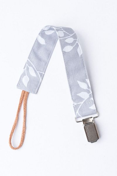 MyVera Gray Leaf Pacifier Strap - Fabric Cotton Laced Pacifier Chain - Pacifier Holder