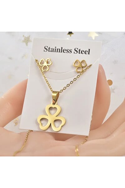 CEVHERİN Kalp Yonca Çelik Kolye Ve Küpe (316L HAKİKİ ÇELİK)