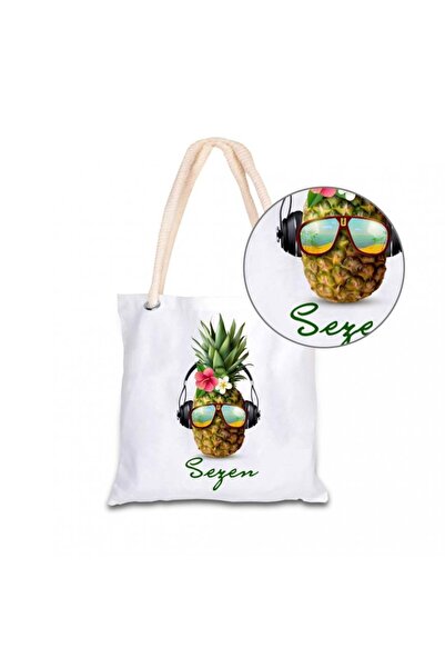 Hediye Kesesi Kişiye Özel Isim Baskılı Ananas Temalı Bez Kol Çantası 40x40 Cm...