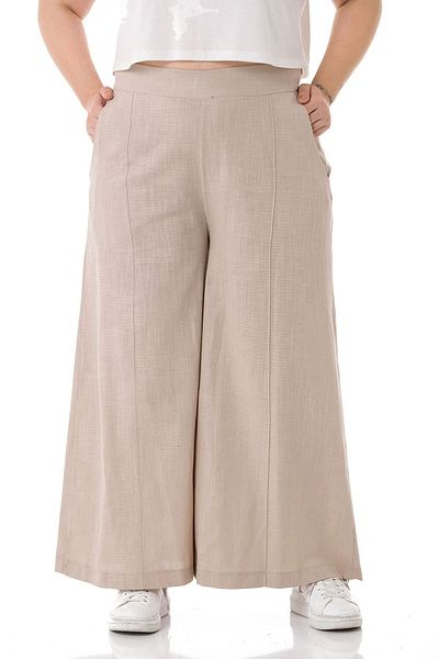 DISENTIS MODEST Large Size Ribbed Stitched Pocket Zippered Wide Leg Linen Beige Trousers