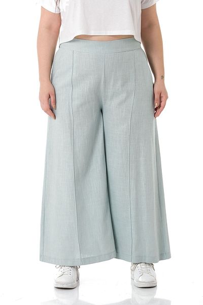 DISENTIS MODEST Large Size Ribbed Stitched Pocket Zippered Wide Leg Linen Water Green Trousers