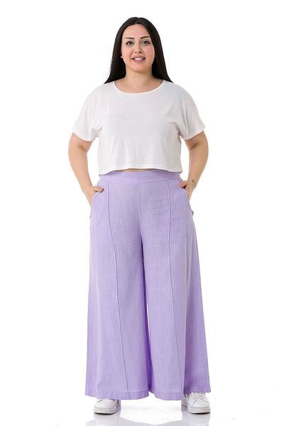 DISENTIS MODEST Large Size Ribbed Stitched Pocket Zippered Wide Leg Linen Lilac Trousers