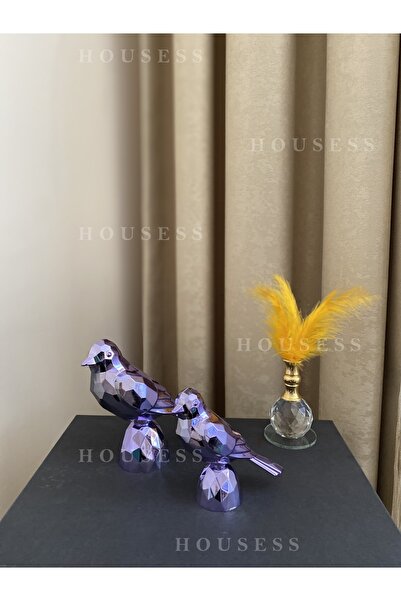 Housess 2'li Kuş Biblo Süs Polyester Döküm Ve Tekli Kristal Tüylük