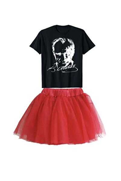 FATELLA Girl's Short Sleeve Ataturk Printed T-shirt Tutu Skirt Suit School Pe...