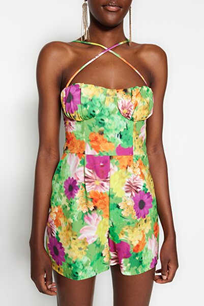 Trendyol Collection Vícebarevný overal s tkaným vzorem TPRSS23TU00020 s květinovým vzorem