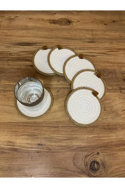 AYŞE SERHOŞOĞLU HOME DESİGN 6 Pieces Coasters, Candle Coasters, Jute Wicker Presentation Coasters, Wicker Table Decor, Machine Stitched