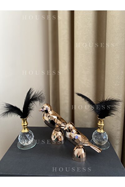 Housess 2'li Kuş Biblo Süs Polyester Döküm Ve 2'li Kristal Tüylük