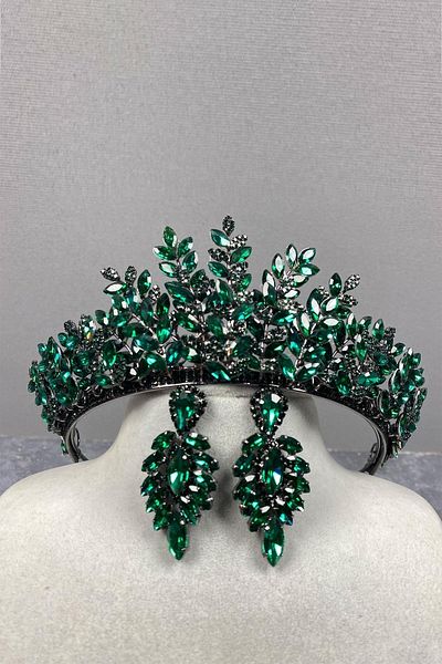 Hobigram Set de coroană de mireasă cu henna 3D și cercei subțiri Sezen verde – Coroană, piatră de cristal – Coroană