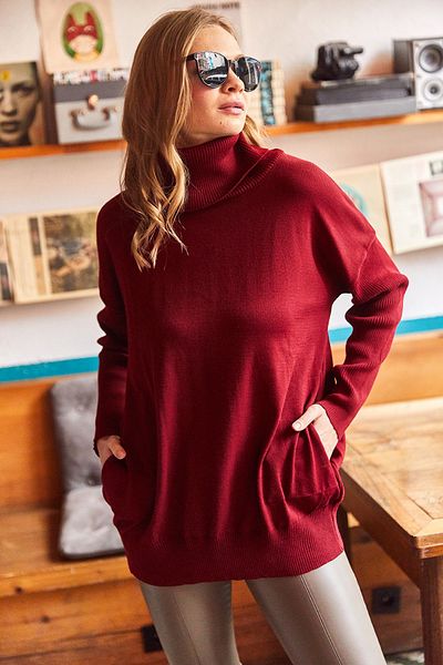 Olalook Bluză de damă din tricot supradimensionată cu buzunare ascunse, cu guler din dantelă bordeaux BLZ-19002109