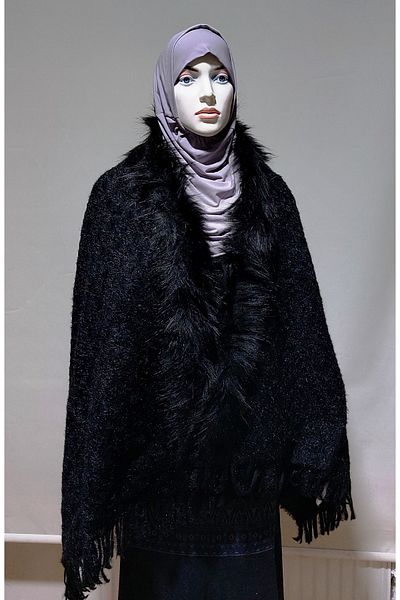 ARMİZA Women's Faux Fur Mango Collar Tassels Sparkling Black Soft Winter Thick Shoulder Shawl