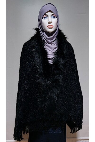 ARMİZA Guler de mango din blană artificială pentru femei, cu ciucuri, negru strălucitor, șal moale de iarnă cu umeri groși