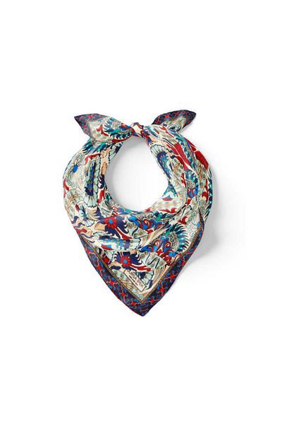 Bursa İpek Red Turquoise Peacock Pattern Silk Handkerchief