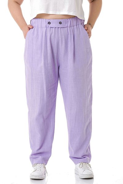 DISENTIS MODEST Plus Size Linen Lilac Trousers with Pleated Front Pockets and Ornamental Plackets