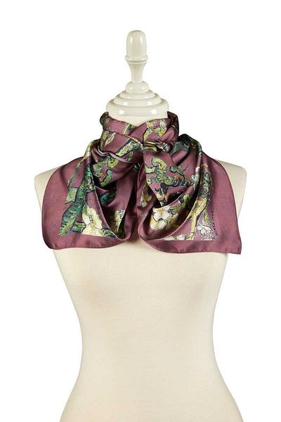 Bursa İpek Almond Flower Patterned Silky Scarf - Plum