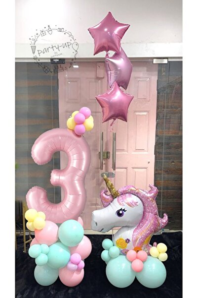 PARTİAVM Unicorn Balon Seti Pembe Rakam Balonlu Unicorn Temalı Doğum Günü Kar...